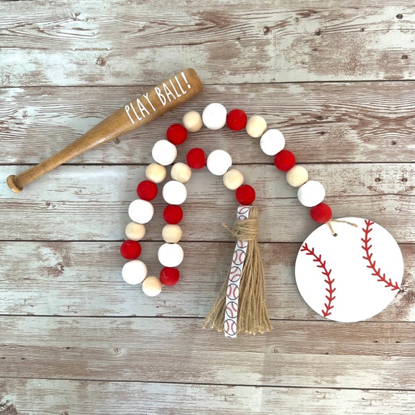 Mini Baseball Bat & Wood Bead Garland Set | Baseball Décor