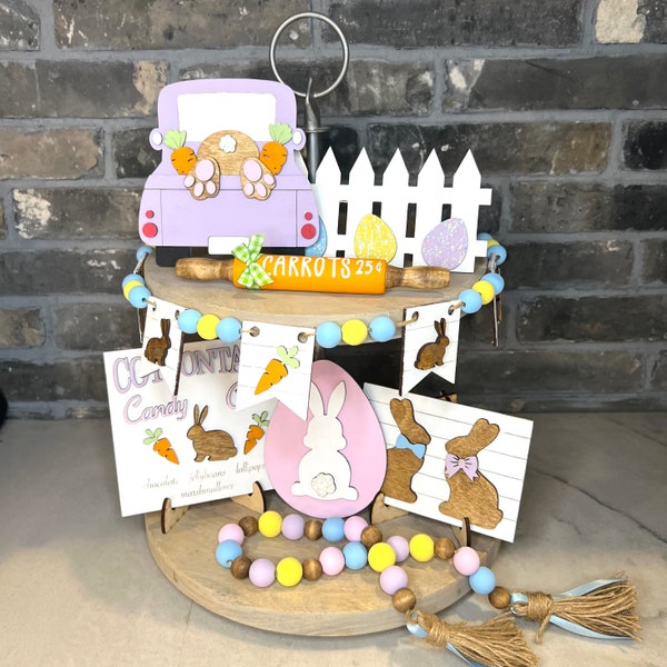 Cottontail Kisses Collection | Easter Tiered Tray Set | Easter Wooden Décor | Easter Home Décor