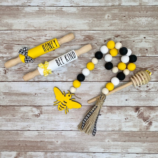 Bumble Bee Honey Dippers, Mini Rolling Pins & Wood Bead Garland | Tiered Tray Decor