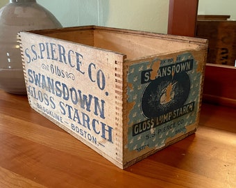 Swansdown Gloss Starch, Vintage Swansdown Starch Box, Brookline, Boston, Pantry Storage, Kitchen Storage, Wood Crate, Wooden Crate, Wood Box