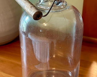 Vintage Glass Jug, Vintage Glass Bottle, Vintage Milk Bottle, Water Jug, Glass Jar with Wooden Handle, Glass Kitchen Jug, Kitchen Bottle
