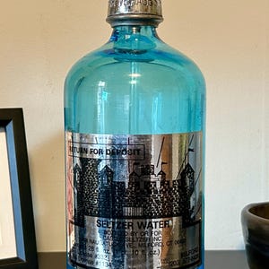 Blue Seltzer Bottle, Vintage Blue Siphon Bottle, Seltzer Bottle, Siphon Bottle, Allen Beverage, Bridgeport, Wet Bar Decor, Bar Bottle