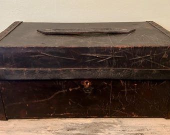 Vintage Leather Trunk, Document Chest, Leather Wrapped Chest, Rustic Decor, Vintage Decor, Storage Chest, Industrial Decor, Entryway Storage