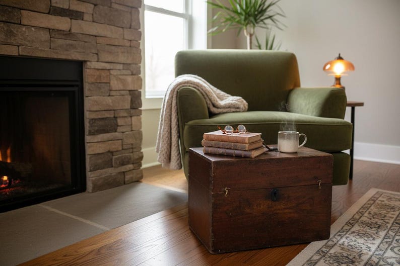 May include: Cozy living room scene with a green armchair, a wooden trunk used as a side table, and a fireplace. A stack of books, eyeglasses, and a steaming mug sit on the trunk. A blanket drapes over the chair.