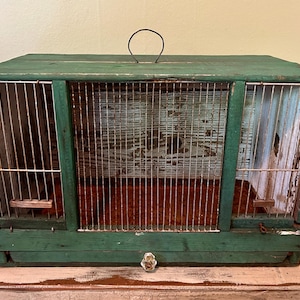 Vintage Bird Cage, Rustic Bird Cage, Garden Decor, Farmhouse Decor, Green Wooden Bird Cage, Primitive Bird Cage, Garden Display, Porch Decor