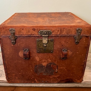 Antique Leather Trunk, Crouch and Fitzgerald Trunk, Steamer Trunk, Leather Coffee Table, Storage Trunk, Train Case, Vintage Luggage image 1