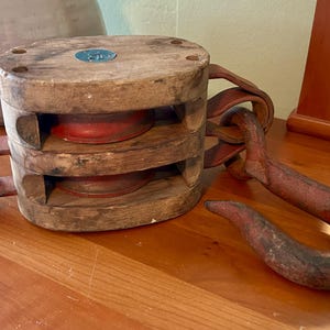Vintage Wooden Pulley, Block and Tackle, Pulley, Anvil Brand Wood Pulley, Maritime Pulley, Two Wheel Pulley, Plant Hanger, Large Pulley