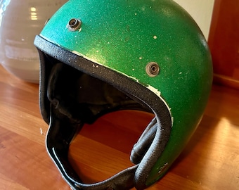 Vintage Motorcycle Helmet, Metallic Green Motorcycle Helmet, Metallic Green Flake Motorcycle Helmet, 1970's Motorcycle Helmet, Man Cave