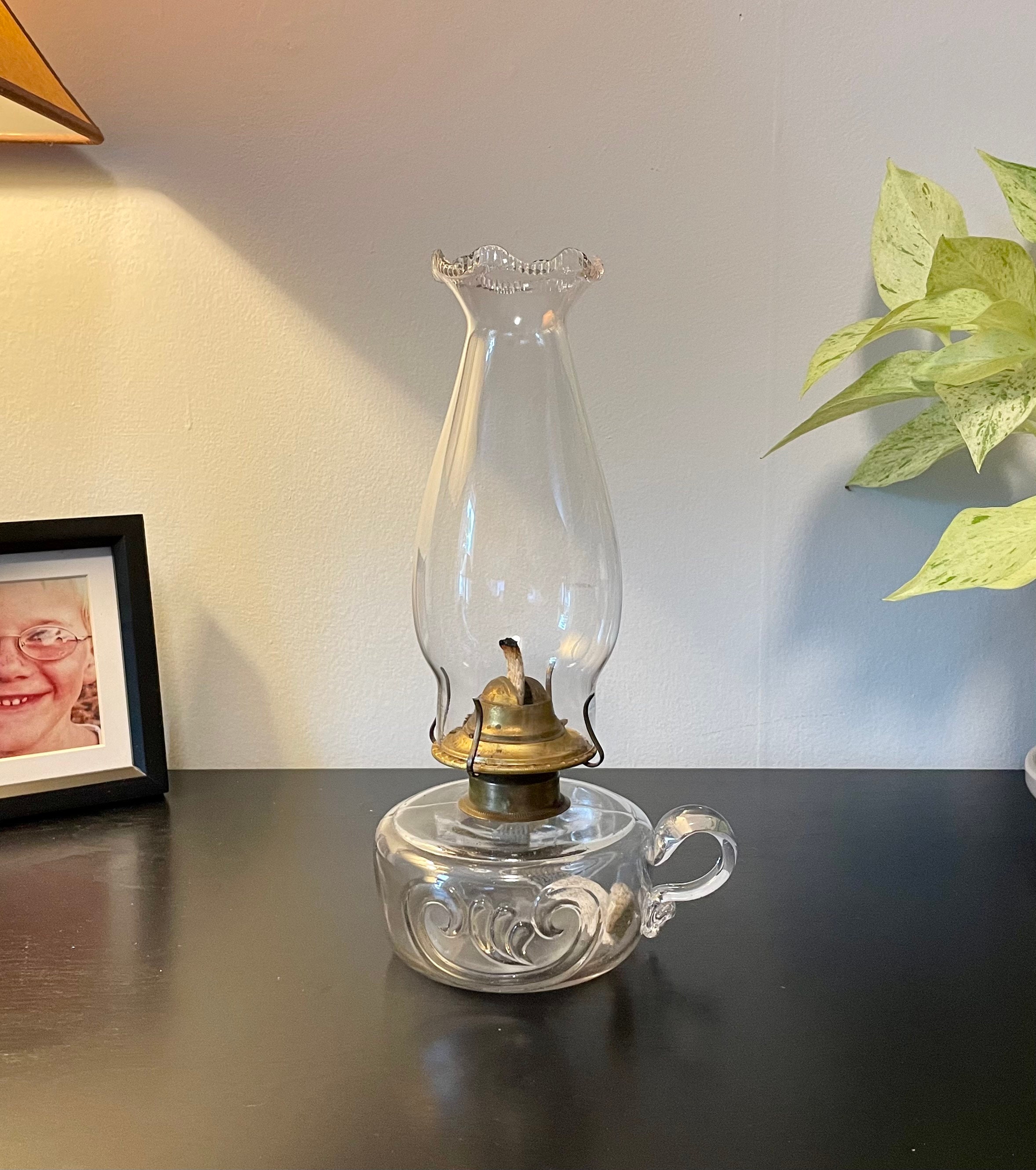 Vintage Hurricane Kerosene Oil Lamp Black White Rose Chimney Farmhouse