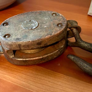 Vintage Wooden Pulley, Block and Tackle, Pulley, Wood Pulley, Plant Hanger, Roller Bushed Pulley, Hook and Anchor, Small Pulley, Gold Pulley
