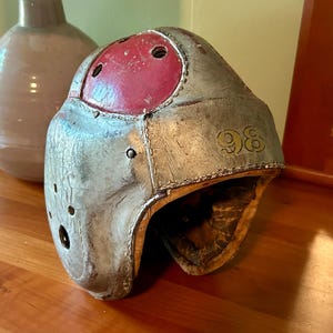 Red Silver Football Helmet, Early Football Helmet, Leather Football Helmet, Sports Memorabilia, Antique Football Helmet, Man Cave Decor