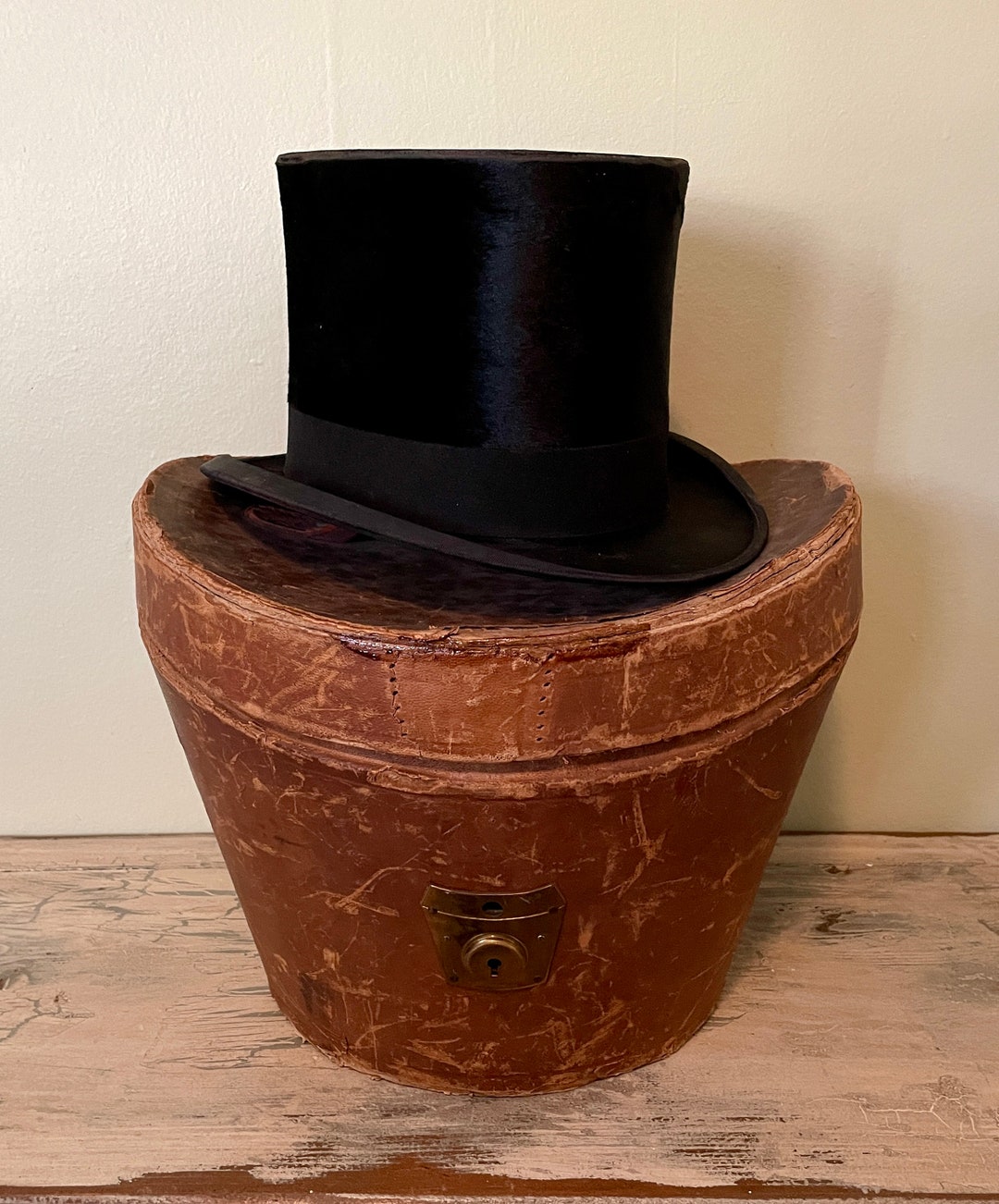 Vintage Top Hat, Leather Top Hat Box, Top Hat and Box, British Top Hat