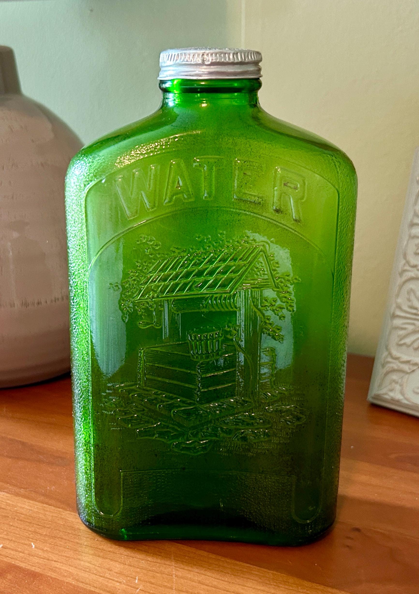 Vintage Green Glass Water Bottle - Etsy