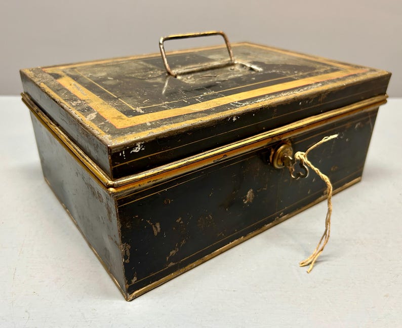 Vintage Metal Document Box, Vintage Cash Box, Tin Document Locking Box ...