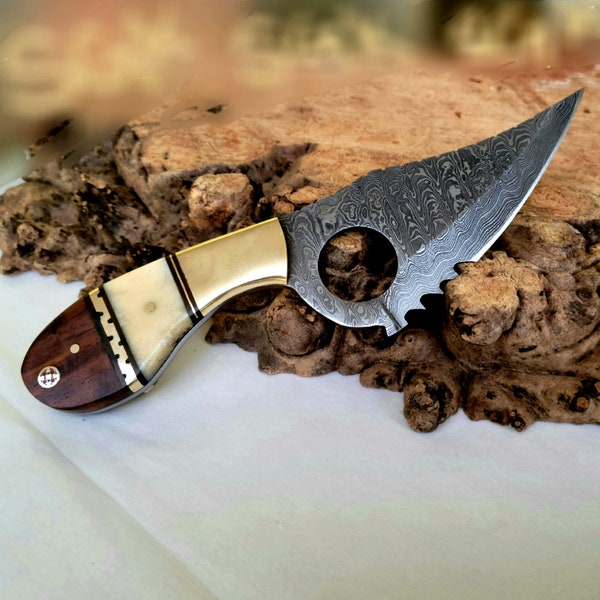 8" Fixed Blade Damascus Skinner Knife with Camel Bone & Rosewood Handle-Comes with Leather sheath-Groomsmen Gift/Christmas Gift/for Him