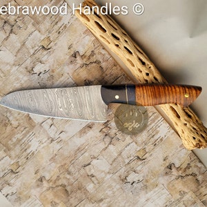 Damascus Steel Chef Santoku/Chef Knife with Zebrawood Handle- Personalizable Leather Sheath- Best Gift for him/her on Christmas