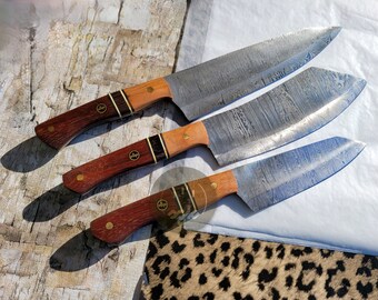 Damascus Steel Chef Knife Set with Teakwood Handles-Includes Leather Knife Roll Birthday, Anniversary, Wedding,Christmas Gift for her/Him