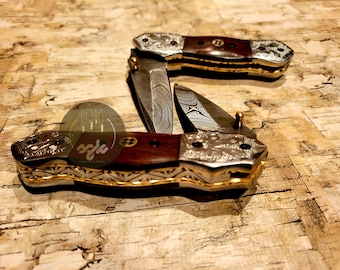 Handmade Damascus Steel Pocket Knife|Folder| Damascus Liner Lock Knife with Rosewood Handle, Pocket Clip and leather sheath-Groomsmen Gift