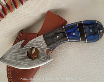 6.75" Damascus Gut Hook Fixed Blade Skinning Knife with Leather Sheath - Christmas Gift,Birthday,Gift for him,Groomsmen Gift, for Boyfriend
