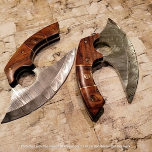 6&quot; Damascus Steel Ulu with Full Tang Blade and Rosewood Handle- Comes with Personalizable Leather Cover