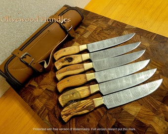 Steak Knife Set with Damascus Steel Blades and Olivewood Handles- 6 PCs- Comes with Leather Sheath, Best Christmas gift for Her/him