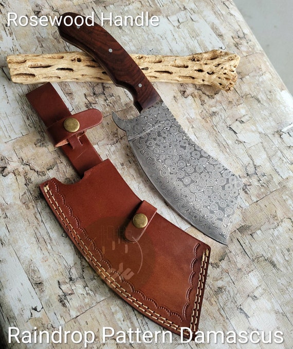 Damascus Steel Cleaver/butcher Knife With Rosewood Handleleather Sheath  Best Christmas Gift for Him/her 