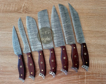 7 Pcs Hammered Damascus Steel Chef Knife Set Teakwood handles _ Christmas Gift for Him/Her - Borthday Gift