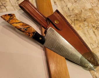 Handmade Damascus Steel Full Tang Chef Knife with Beech Wood and Micarta Handle-Gift for Him, Gift for Her on Christmas,Birthday,Anniversary