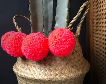 Handcrafted Natural Seagrass Basket with Neon Coral Poms | FREE SHIPPING