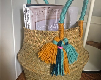 Handcrafted Natural Seagrass Basket with Colour Block Tassels | FREE SHIPPING
