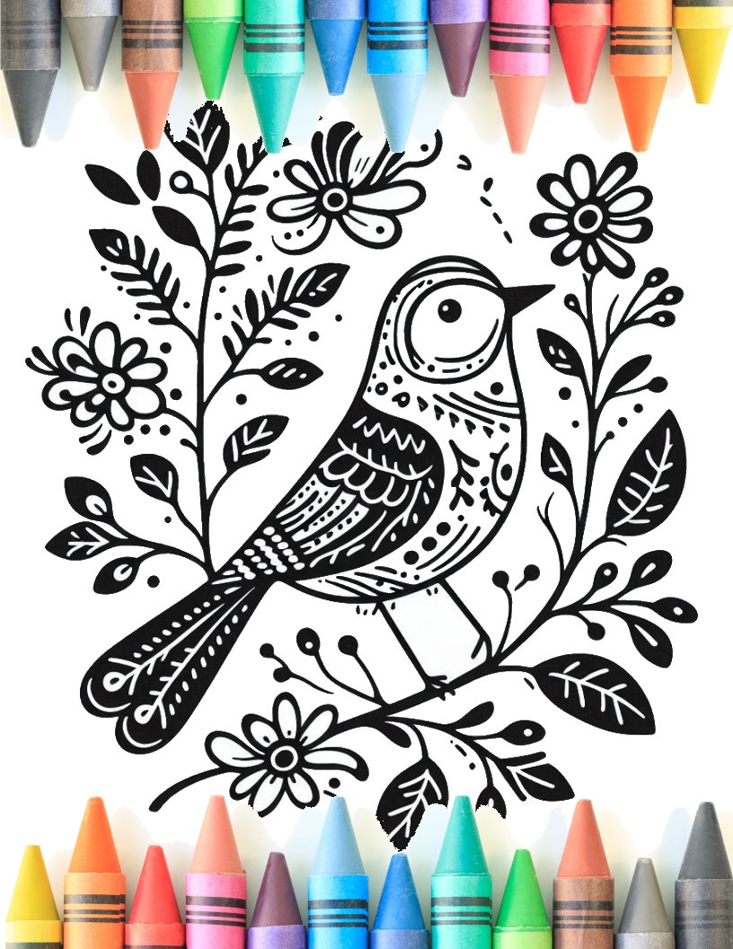 Folk Style Bird Coloring Page for Kids & Adults Unique Quality ...