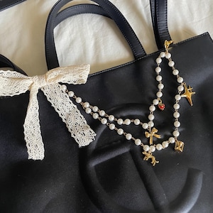 Pearl Bag Chain with charms, Bag Key Chain- Handmade, Pinterest, bow accessories for handbag, purse, coquette, unique gifts for her, custom