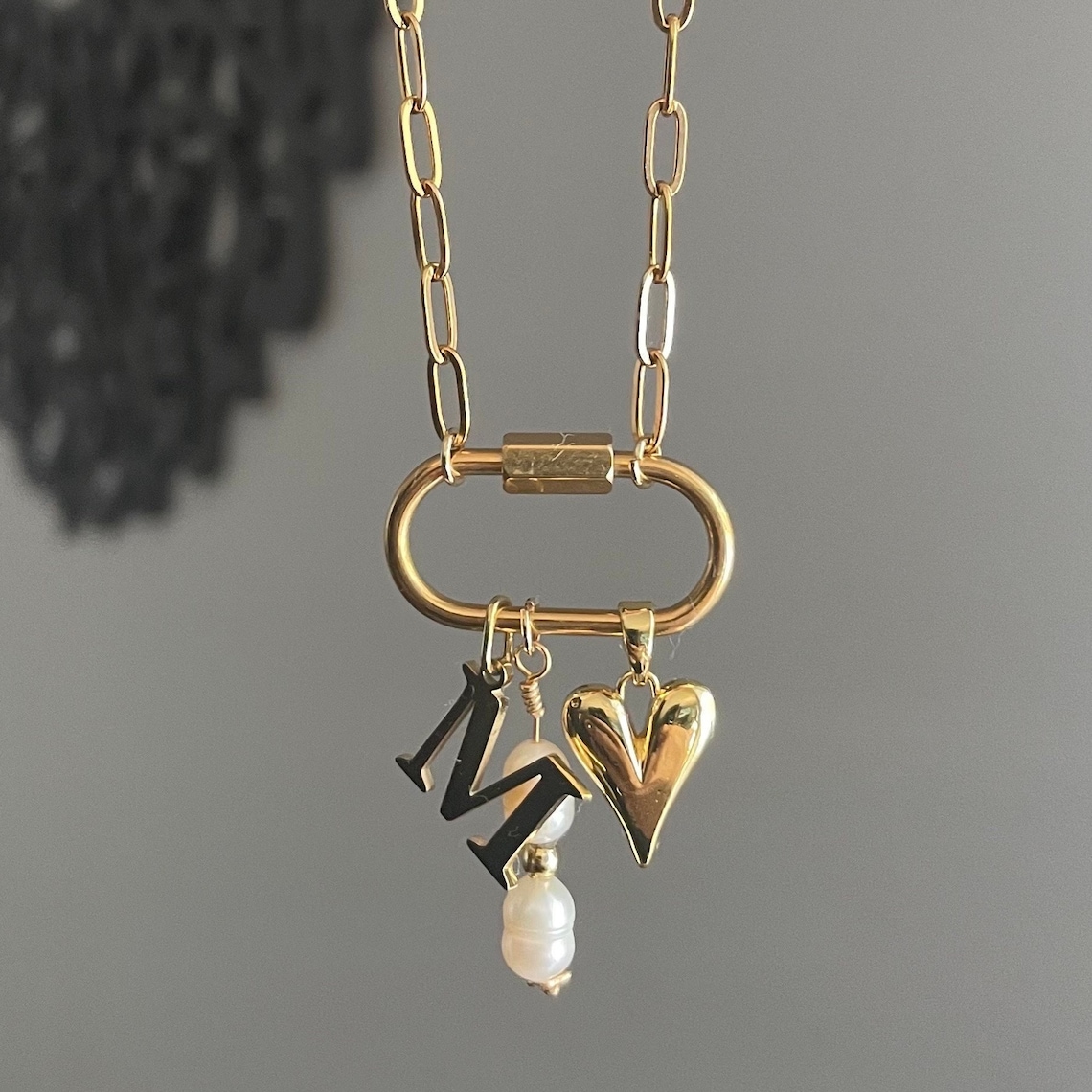 Carabiner Initial Charm Necklace in Gold