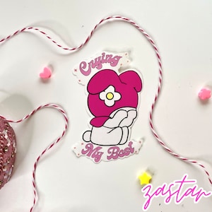 Crying My Best, Pink Bunny Crying, Weatherproof Sticker- Bujo, Stationary, IPad, Bottle, Sanrio, Melody, Hello Kitty, Cute Kawaii, Sad Girl