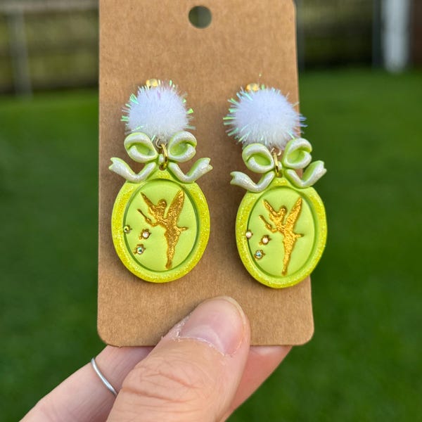 Tinkerbell Inspired Pom Pom Bow Sparkle Dangles