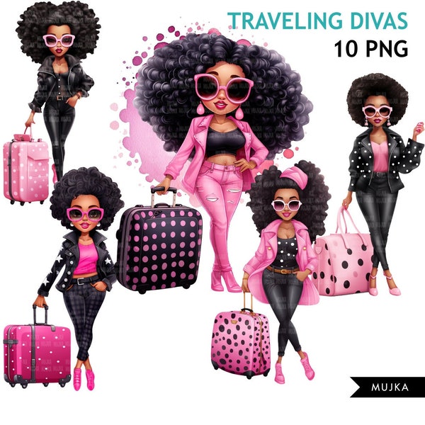 Travel clipart, traveling Black woman png, pink polka dot, diva png, vacation bundle, sublimation designs, watercolor planner stickers, afro