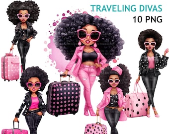 Travel clipart, traveling Black woman png, pink polka dot, diva png, vacation bundle, sublimation designs, watercolor planner stickers, afro