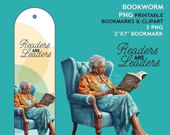 Bookworm png, Printable Bookmarks, Senior Black woman reading png, Bookworm clipart, reading clipart, elder woman png, brown girl stickers