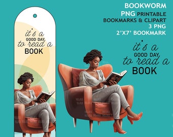 Bookworm png, Printable Bookmarks, Black woman reading png, Bookworm clipart, reading clipart, melanin woman png, brown girl stickers