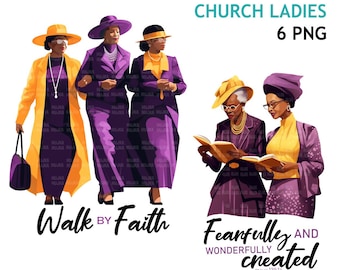 Op de afbeelding: Digitale illustratie van zes vrouwen in paarse en gele jurken en hoeden. De vrouwen staan in verschillende poses, sommigen houden boeken vast. De tekst "Church Ladies" en "6 PNG" staat bovenaan de afbeelding. De tekst "Walk by Faith" staat linksonder in de afbeelding. De tekst "Fearfully and Wonderfully Created" staat rechtsonder in de afbeelding.