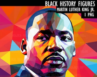 May include: A digital illustration of Martin Luther King Jr. in a geometric style. The image is made up of colorful triangles and features a close-up of his face. The background is a mix of red, orange, yellow, and blue.