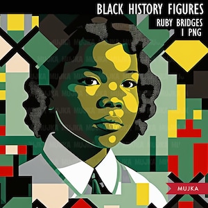 Op de afbeelding: Een digitale illustratie van Ruby Bridges, een jong Afro-Amerikaans meisje, in een kleurenschema van groen, geel en rood. De afbeelding is een portret van Ruby Bridges, een belangrijke figuur in de burgerrechtenbeweging.