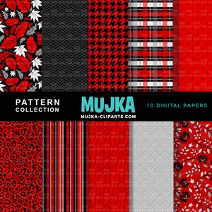May include: A digital paper pack with 10 different patterns in red, black, and white. The patterns include leaves, animal prints, plaid, and geometric designs. The text "MUJKA" and "10 DIGITAL PAPERS" is included in the image.