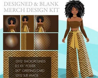 Fashion Clipart, black woman, Retro gold brown Sublimation design kit for Cricut & Cameo, commercial use PNG, pod ready