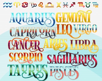 May include: A colourful illustration of the 12 zodiac signs with their corresponding names. The signs are arranged in a circular pattern with the names written in a decorative font. The background is a light blue colour.