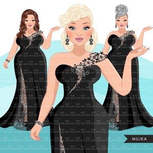 Clipart de moda, renda preta feminina, vestido de noite, irmãs, amigas, download digital de designs de sublimação para Cricut