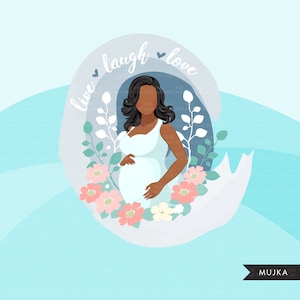 Clipart na Dzień Matki, wzory sublimacji na Dzień Matki do pobrania cyfrowego, upominki na baby shower, sztuka ścienna, ciężarna czarna kobieta afro png