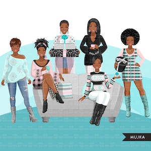Clipart de natal, mulheres de natal png, moda clipart, aniversário pastel png, mulher negra png, amigos png, irmandade Designs de sublimação