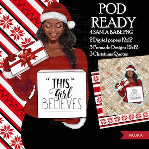 Weihnachten Clipart, Mode Clipart, schwarze Weihnachtsmann Clipart, schwarze Frauen Clipart, schwarzes Mädchen png, Afro Santa, Weihnachten Sublimation digitales Png
