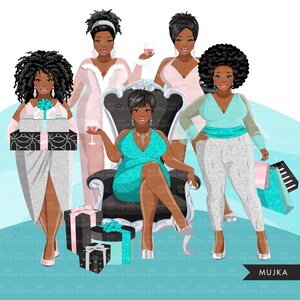 Clipart de natal, mulheres de natal png, clipart de moda, festa de aniversário glamourosa pastel, mulher negra curvilínea, amigos png, sublimação de irmandade